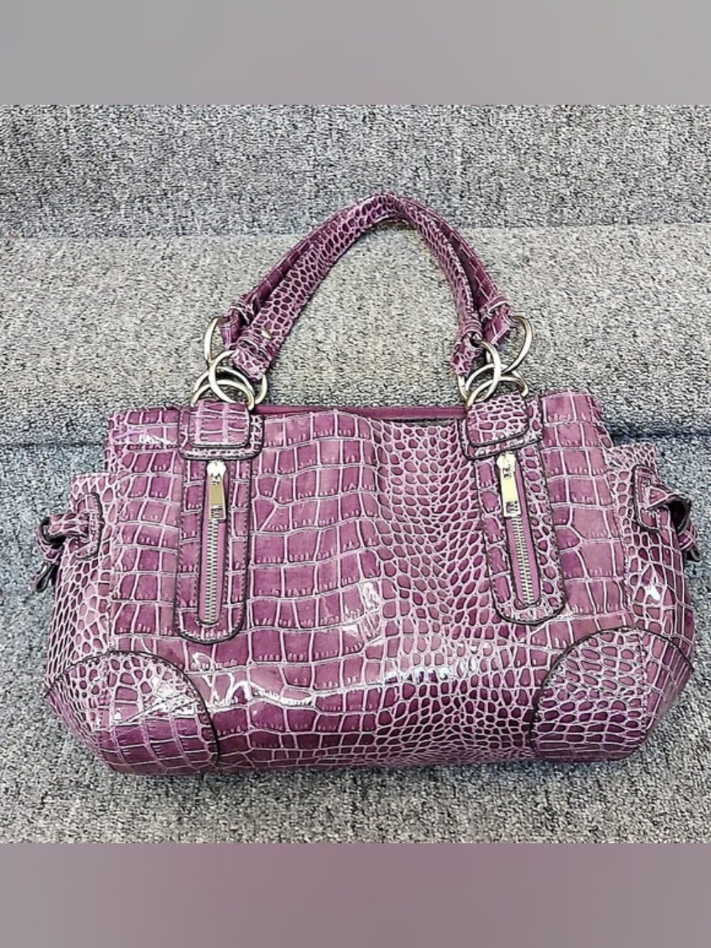 Crocodile-Embossed Purple Shoulder/Tote Bag